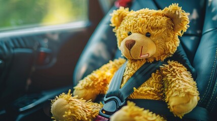 A yellow bear stuffed animal buckling up its seat belt while seated in a car and cruising down the road This image captures the essence of car seat safety travel adventure and transportatio