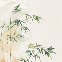 Fototapeta premium Bamboo trees illustration with copy space in artistic water painting. Asian Wallpaper.