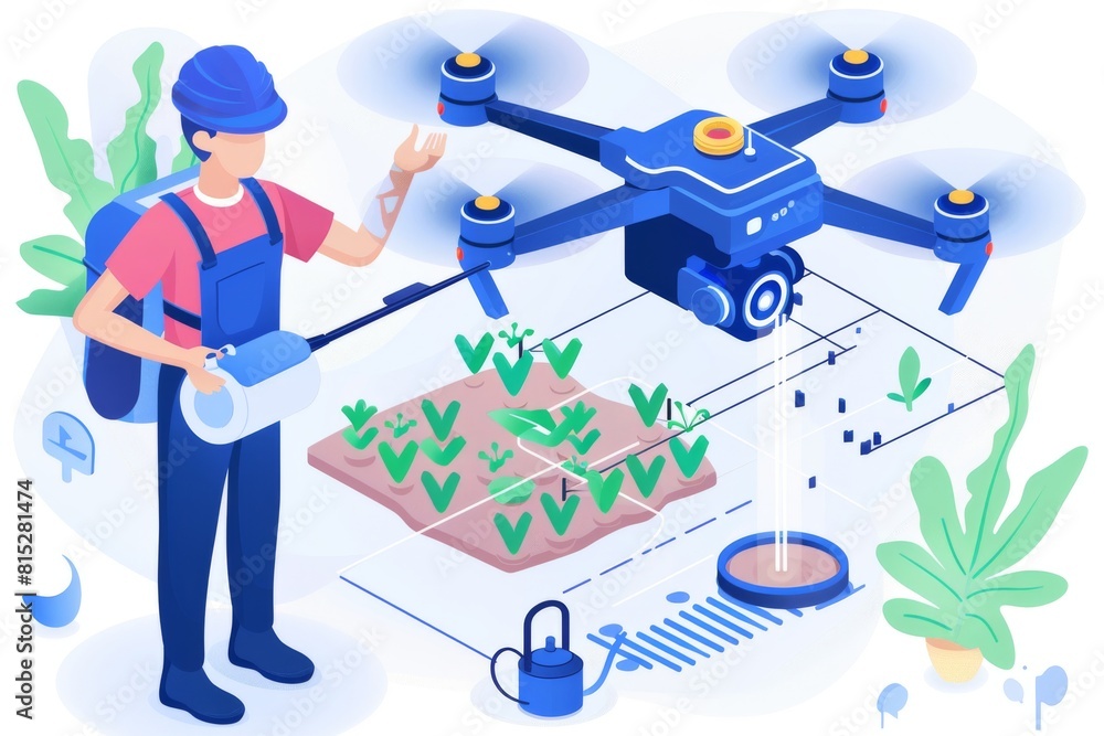 Poster advanced agricultural techniques use drones to survey crops with precision, integrating modern techn