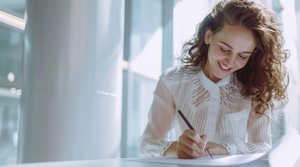 entrepreneur smiling as she signs a contract on a white document, against a backdrop of soft pearl white
