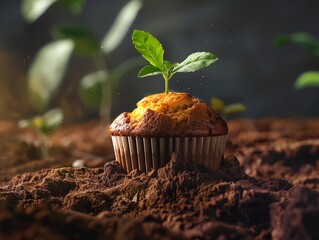 A cupcake lying on dirt with tiny green sprout growing out of it.