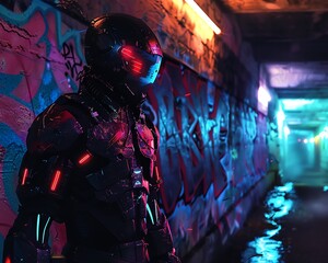 A dark figure in a futuristic suit stands in an alleyway, illuminated by the blue and red lights of the city.
