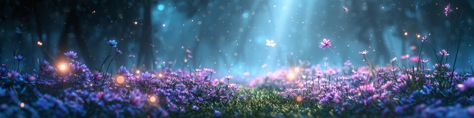 Obraz premium A beautiful landscape with blue light and purple flowers flowing through the air onto the forest glen floor.
