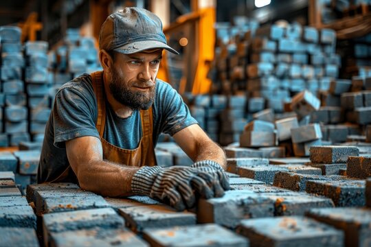 Man Working in Factory With Bricks