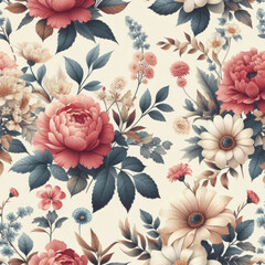 Flower and plant. Floral classic seamless print in shabby chic style. Flowers vector illustration: peony, rose, aster, leaves and plants for background, pattern and wallpaper Generative AI Techonology