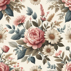 Flower and plant. Floral classic seamless print in shabby chic style. Flowers vector illustration: peony, rose, aster, leaves and plants for background, pattern and wallpaper Generative AI Techonology