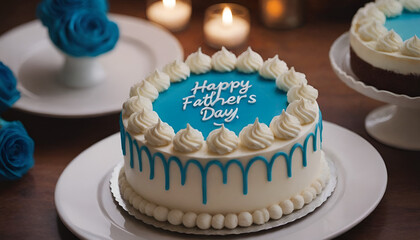 happy father's day decorated blue and white cake