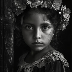 Rostro niña mexicana en blanco y negro