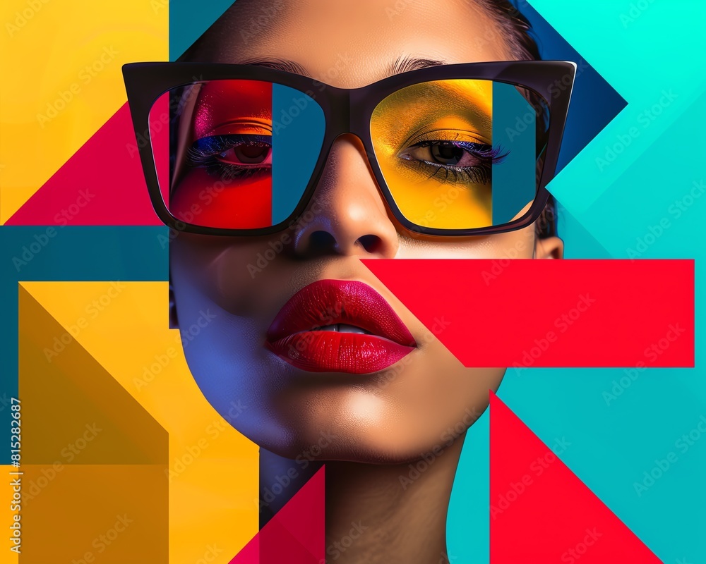 Poster a dynamic and colorful geometric composition overlaid on a woman's face, creating a striking visual 