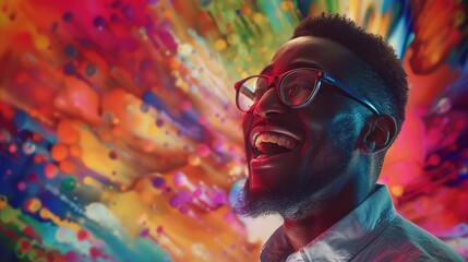 American entrepreneur grinning happily, with a dynamic abstract art backdrop bursting with vibrant colors