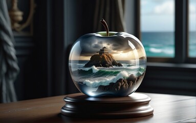 exquisite double exposure photograph featuring a stormy sea harmoniously blended with a glossy glass apple.