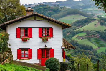 A traditional Basque house with bright red shutters, set against the backdrop of lush, rolling hills in northern Spain.