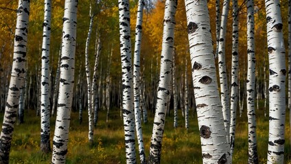 Birches trees,Deciduous Trees: Characterized by their distinctive white bark and slender branches,...