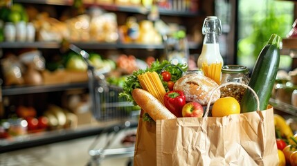 A nutritious assortment of groceries fills the paper bag embodying the essence of healthy eating at the supermarket Brimming with essentials like milk cheese bread fresh fruits veggies and 