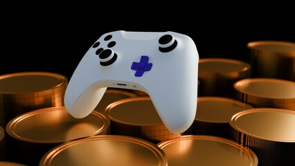 3d rendering of pile of gold coins and game controller