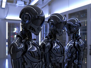 Three black humanoid robots are standing in a futuristic room.