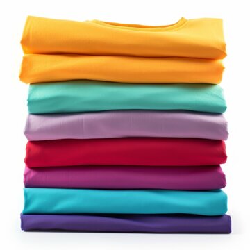 Vibrant stack of tshirts in various colors on a white background., Ai Generated