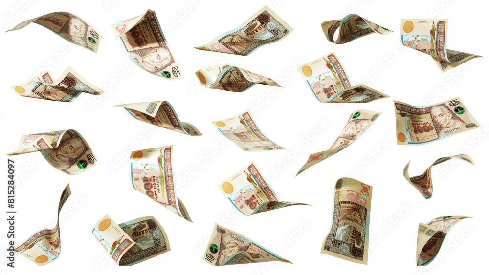 Poster set of guatemalan quetzal notes flying in different angles and orientations isolated on transparent 