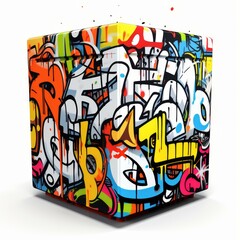 Colorful graffiti cube floating on white background, Ai Generated