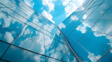 Reflective skyscrapers, business office buildings. Low angle photography of glass curtain wall details of high-rise buildings.The window glass reflects the blue sky and white clouds - Powered by Adobe