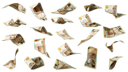 set of Guatemalan Quetzal notes flying in different angles and orientations isolated on transparent background