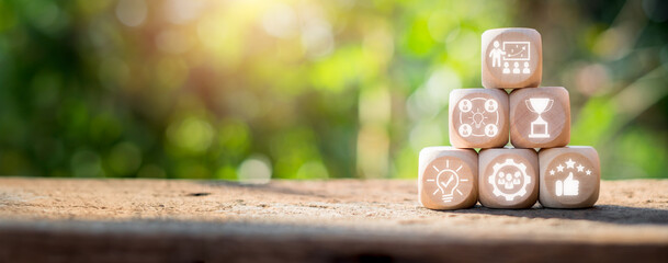 Workshop concept, Wooden block on desk with teacher, idea, objectives, motivation, teamwork and...