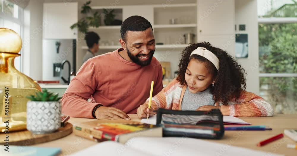 Poster father, daughter and homework at table with high five for teamwork, learning or studying for knowled