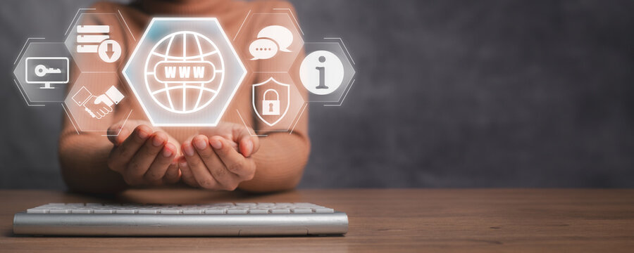 Intranet concept, Businesswoman hands holding access, collaboration, data, communication, private network and information icon on virtual screen.
