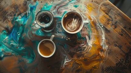 fluid art, swirls of tea and coffee mixing, watercolor textures, ethereal hues, dreamy atmosphere, cool lighting, on a rustic wooden table realistic