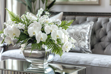 An elegant bouquet of white orchids and ferns in a sleek silver vase on a mirrored console table,...