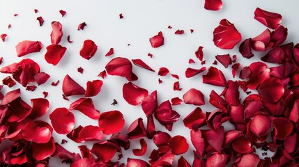 Red rose petals set against a pristine white backdrop