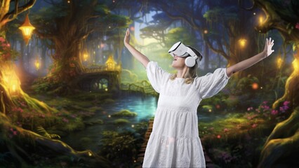 Excited woman turning around looking VR in wonderland metavers in fairytale forest meta magical...