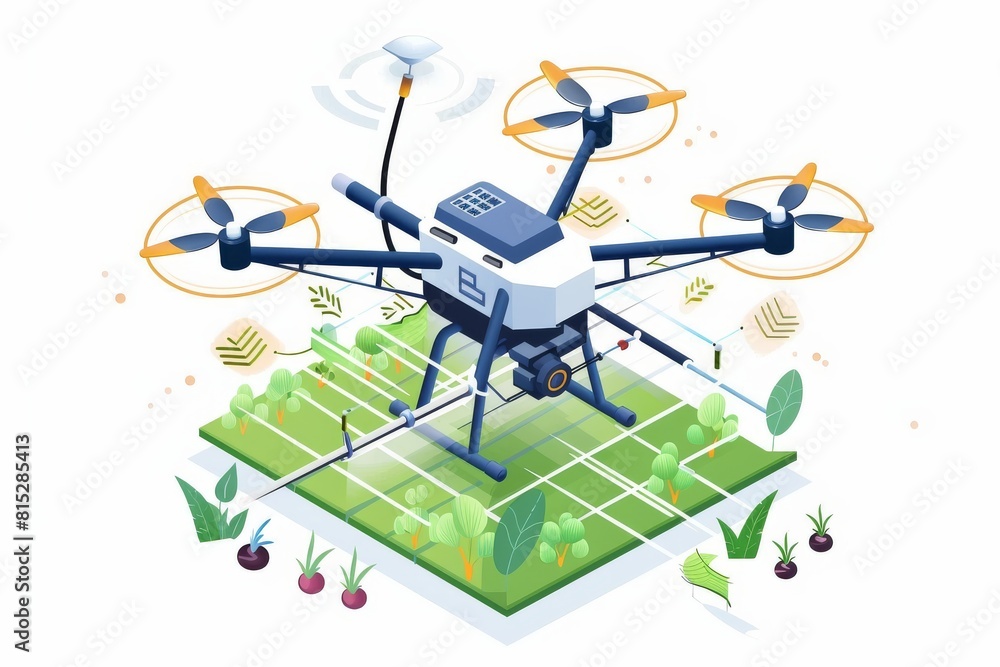 Poster agricultural drones navigate fields through remote sensing technology, using digital and isometric v