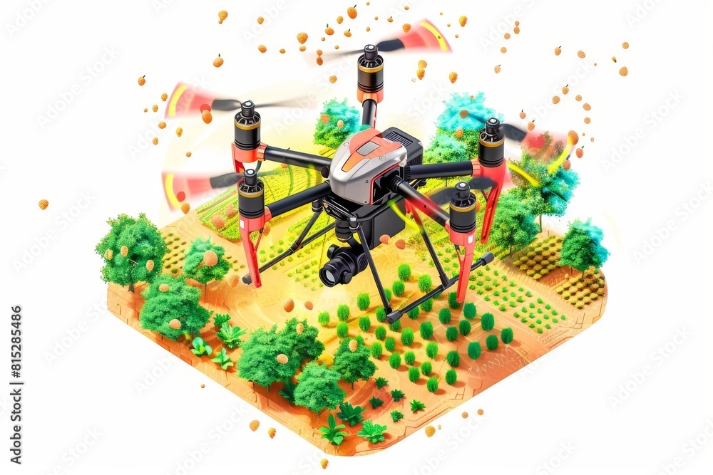 Poster drone technology enhances crop health monitoring in small scale farming, using advanced isometric ve