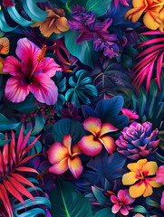 A colorful tropical flower print with a bright yellow flower in the center. The flowers are in various shades of pink, purple, and blue. Scene is vibrant and lively