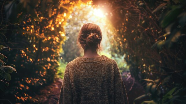 A young woman clad in a cozy sweater strolls solo through a tunnel of trees her gaze fixed on the glow of white light beckoning her ahead With a heartfelt prayer on her lips she calls upon  - Powered by Adobe