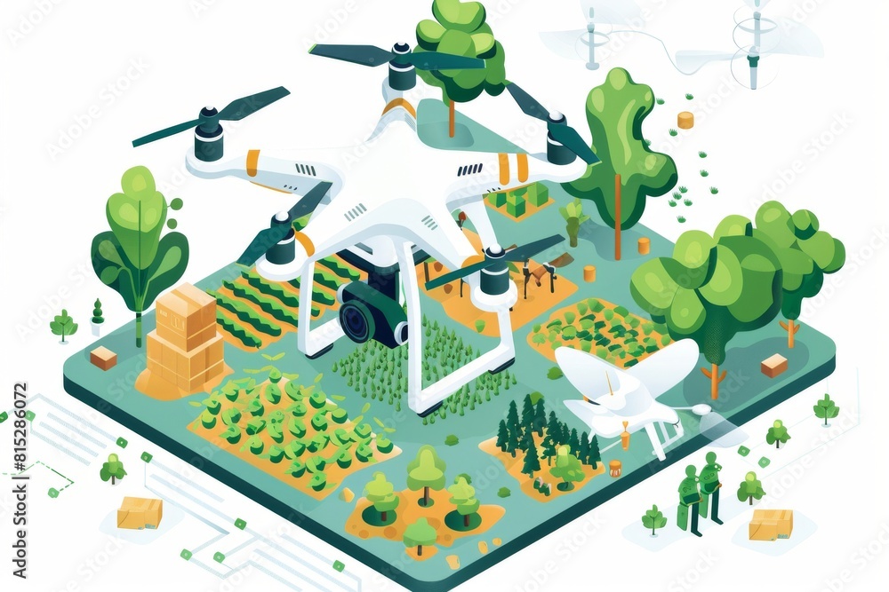 Poster smart agriculture employs advanced farming techniques, using digital tools and isometric vectors for