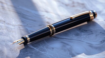 Naklejka premium Elegant black and gold fountain pen on marble surface