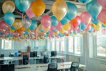 Colorful balloons in office space against window.