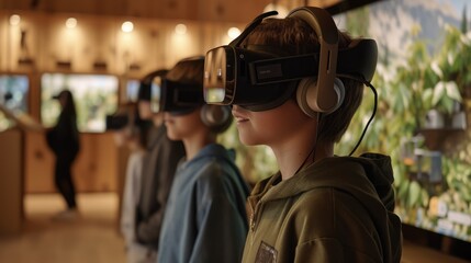 Diverse cute elementary student using visual reality goggles while learning about metaverse. Group of multicultural children playing game while connect simulated world by wearing VR glasses. AIG42.