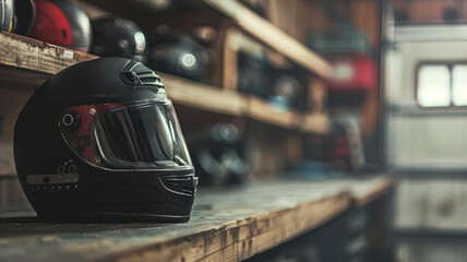 Obraz premium Black motorcycle helmet on wooden shelf in garage workshop