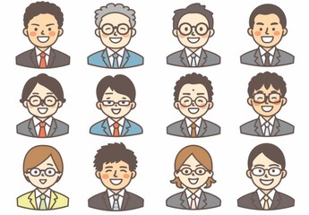 A set of icons featuring Japanese office workers in business suits, wearing glasses and smiling. 