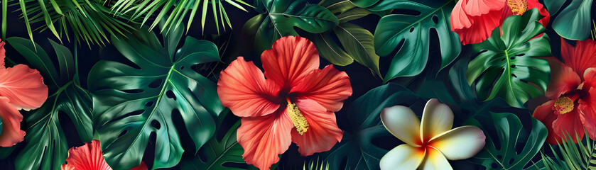 A tropical scene with a variety of flowers, including red hibiscus and yellow flowers. The image has a vibrant and lively mood, with the bright colors of the flowers creating a sense of energy