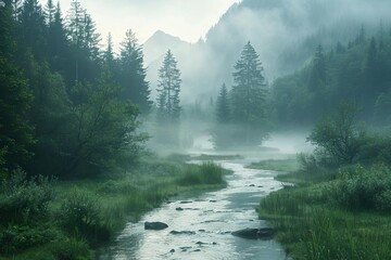 tranquil mountain stream in misty morning light serene landscape with lush greenery