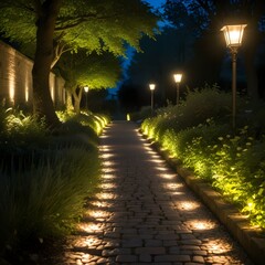 Obraz premium Dans un jardin resplendissant, des chemins pavés de lumière mènent à des portes marquées du sceau de diverses entreprises. Un individu s'aventure avec assurance, nourrissant chaque parcelle de terre a