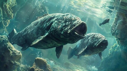 Fototapeta premium Visualize a group of coelacanths in a serene underwater setting, highlighting their prehistoric features