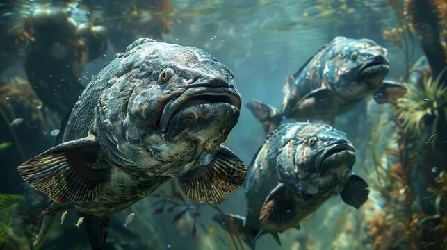 Visualize a group of coelacanths in a serene underwater setting, highlighting their prehistoric features