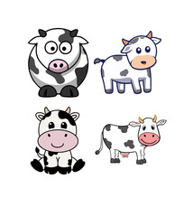 Obraz premium Cow chibi illustration and cow character flat illustration and cow icon set illustration