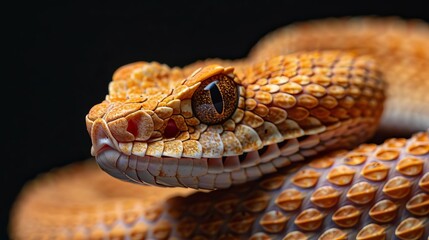 Fototapeta premium Visualize a rattlesnake in a striking pose, on a pure black background, with a horizontal layout for banner use and copy space