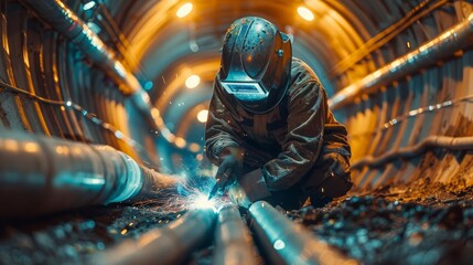 Visualize a solitary welder in a reflective mask, focusing intently on welding a pipeline inside a...